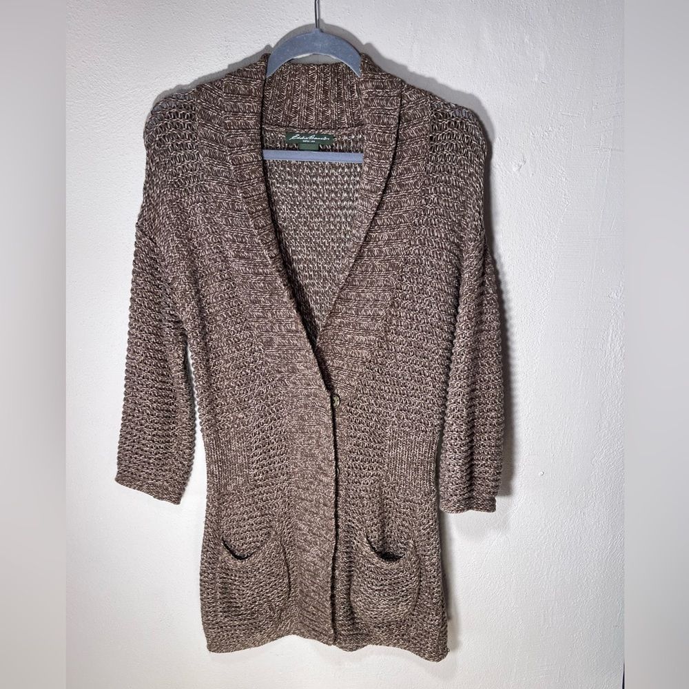 Eddie Bauer long cardigan sweater size medium snap front shades of brown and tan